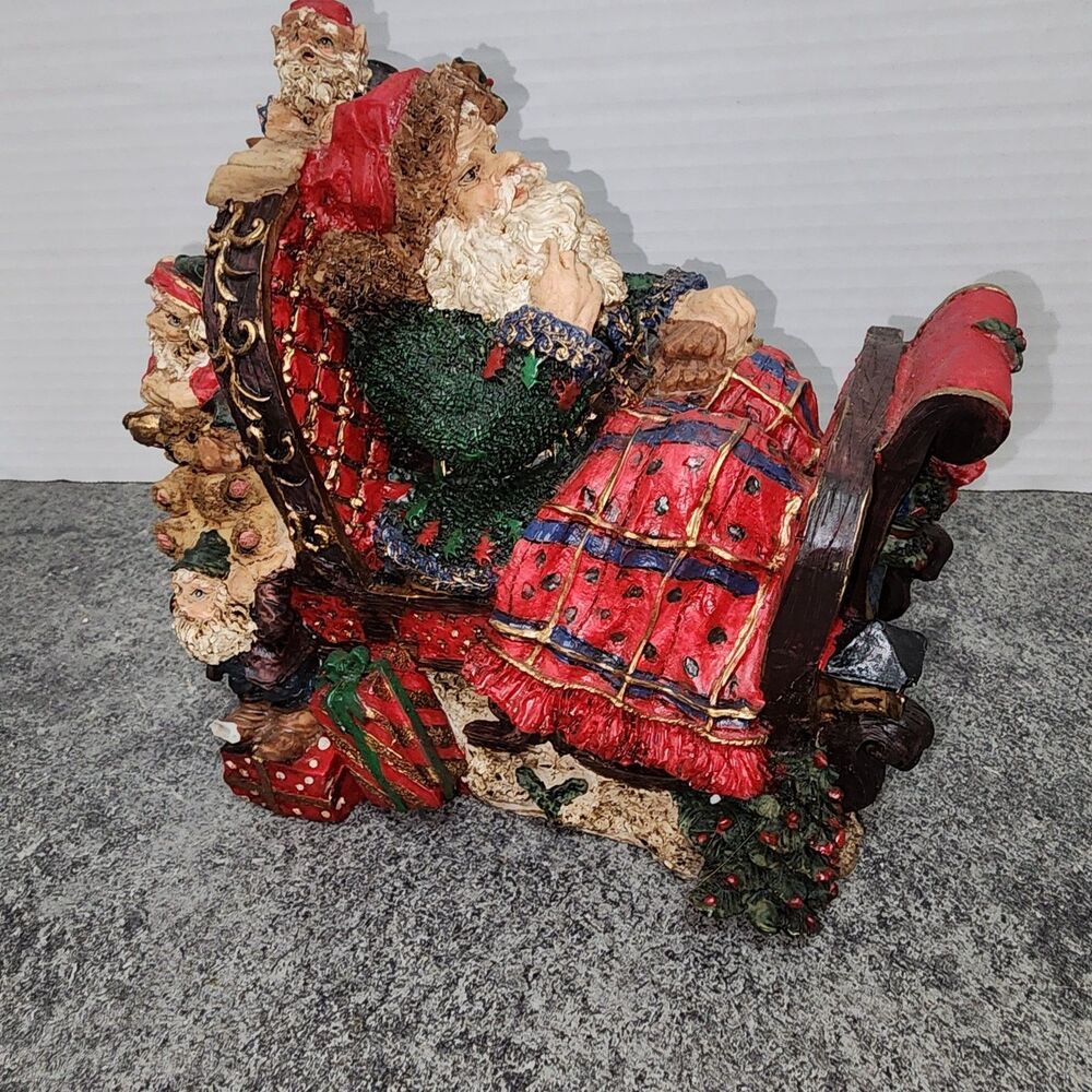 Vintage Three Hands Corp Santa Sleeping in Sleigh Bed Figurine Plaid Blanket 991
